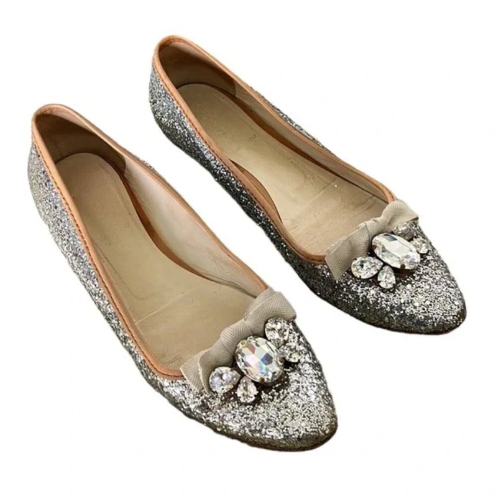Miu Miu Prada Silver Glitter Swarovski Crystal Embellished Bow Flats - 9.5